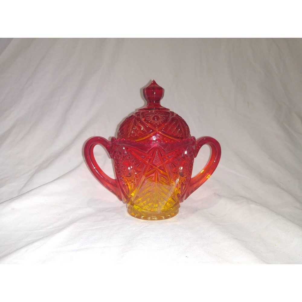 Large amberina hobstar two handled sugarbowl with lid